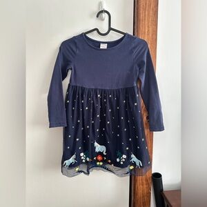 Hanna Andersson navy Tulle dress unicorns and stars long sleeve holiday Sz 6-7